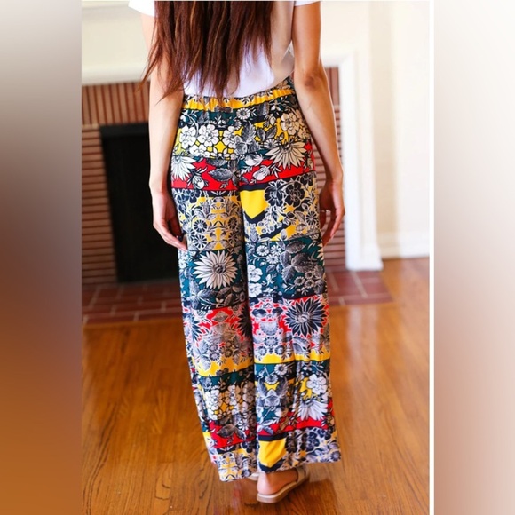 Andthewhy VACAY VIBES TEAL FLORAL SMOCKED WAIST SIDE SLIT PALAZZO PANTS - Picture 3 of 5